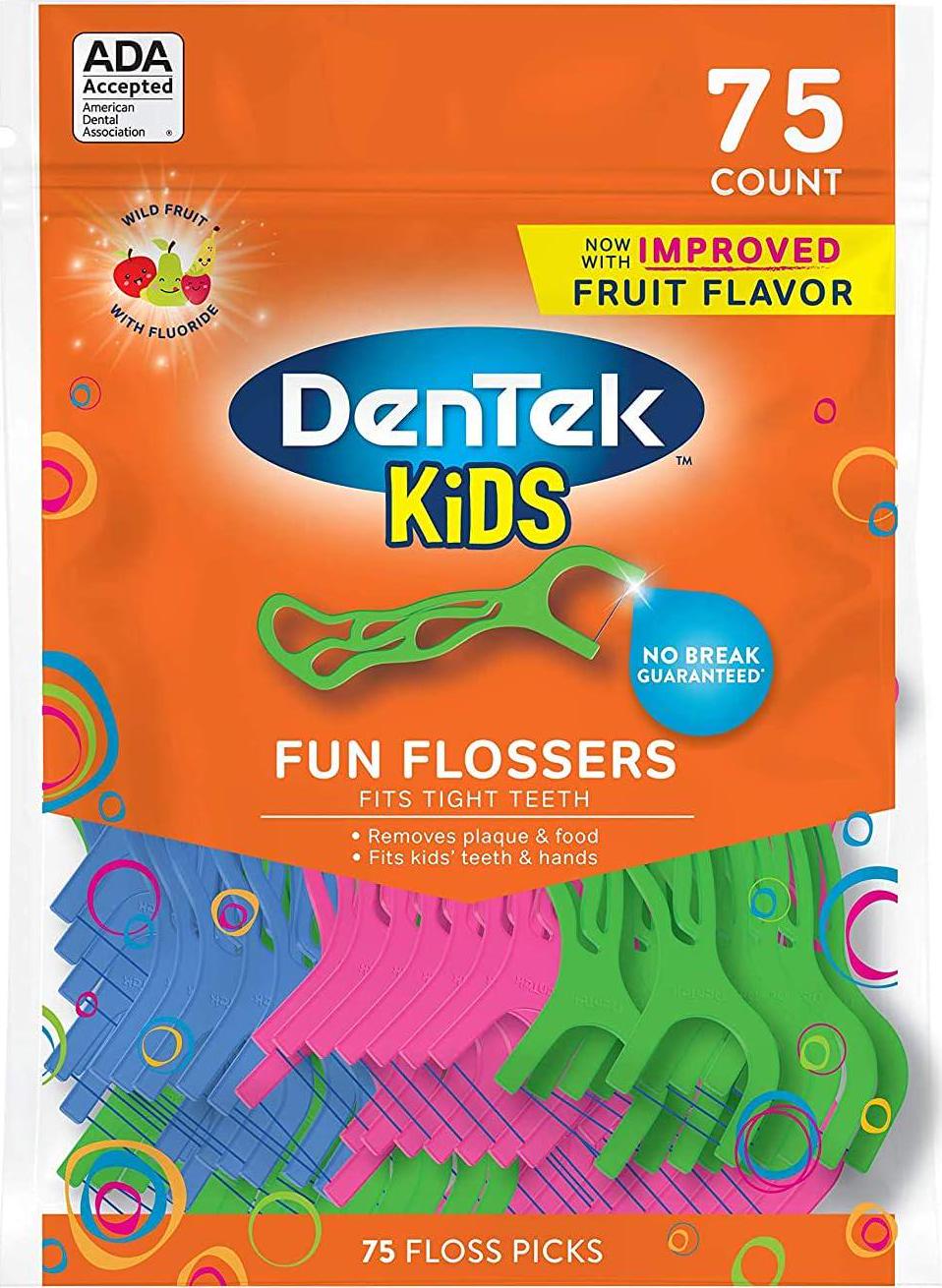 DenTek Kids Fun Flossers, Floss Picks, Mulit, Wild Fruit, 75 Count