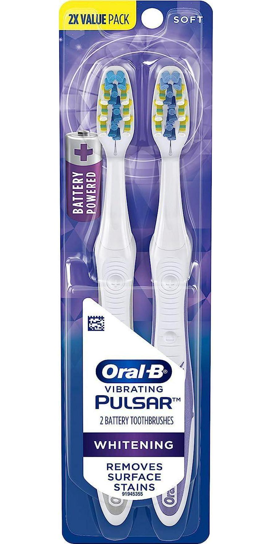 Oral-B Pulsar, Battery Powered 3D White Advanced Vivid Soft Toothbrush Twin Pack, Tooth Brush Pack, Travel Essentials (Colors May Vary)