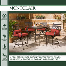 Load image into Gallery viewer, Hanover Montclair 5-Piece High-Dining Patio Set in Chili Red with 4 Swivel Chairs and a 33-In. Counter-Height Dining Table
