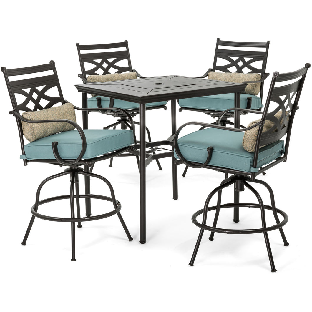 Hanover Montclair 5-Piece High-Dining Patio Set in Ocean Blue with 4 Swivel Chairs and a 33-In. Counter-Height Dining Table