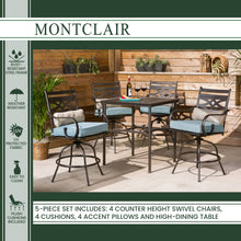 Load image into Gallery viewer, Hanover Montclair 5-Piece High-Dining Patio Set in Ocean Blue with 4 Swivel Chairs and a 33-In. Counter-Height Dining Table
