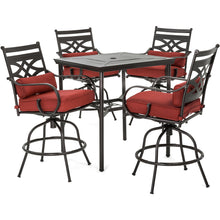 Load image into Gallery viewer, Hanover Montclair 5-Piece High-Dining Patio Set in Chili Red with 4 Swivel Chairs and a 33-In. Counter-Height Dining Table
